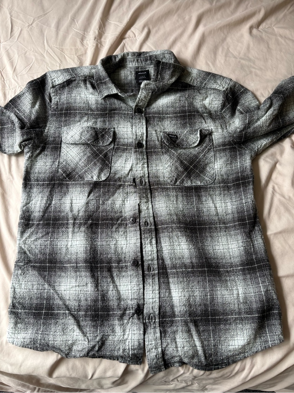 RVCA Black and Gray Plaid Cotton Button-Up Shirt